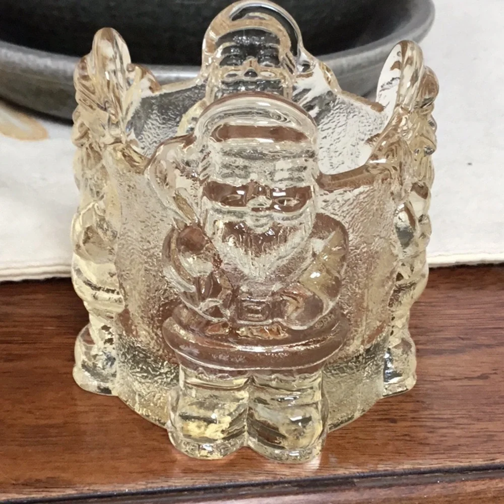 HEAVY vintage light yellow cut glass Santa votive candle holder.